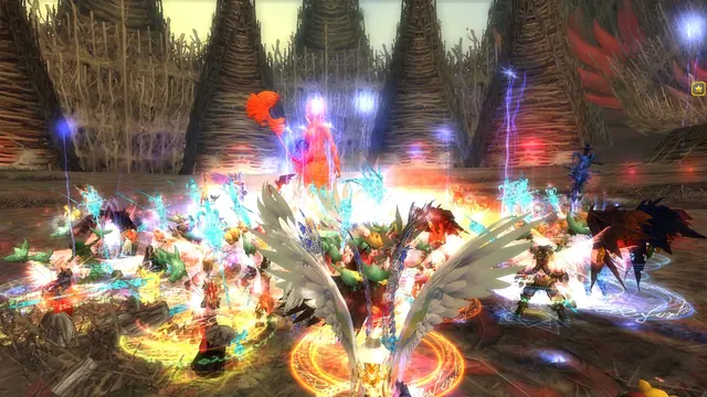 Players fighting through a DuckRoad event with skill effects everywhere